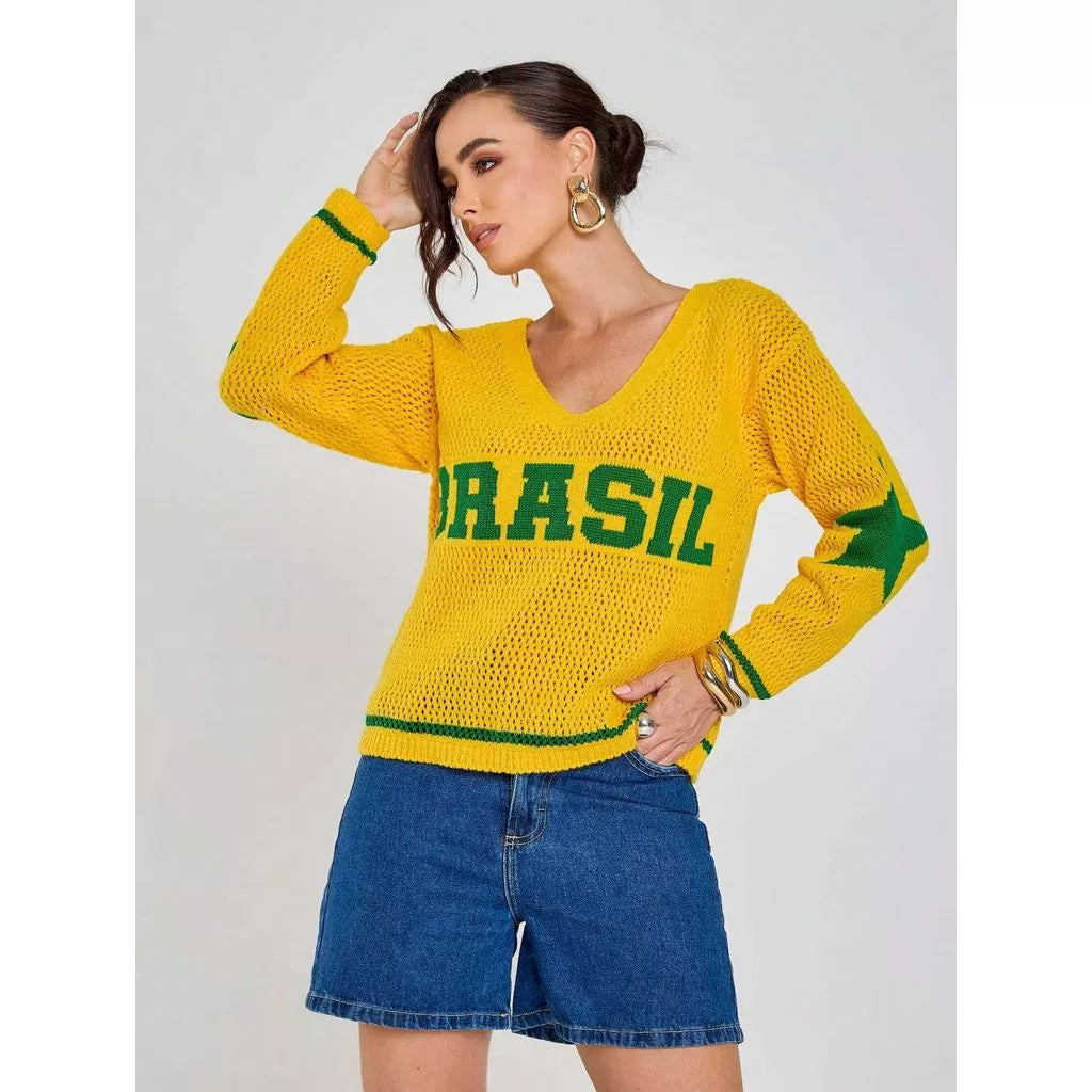 Camisa Brasil Manga Longa Tricot